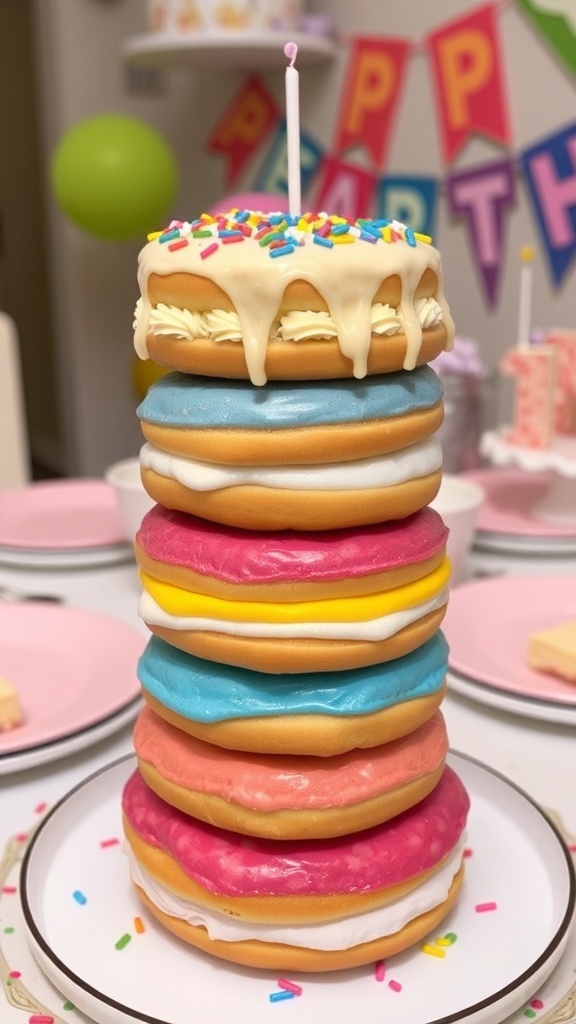 A colorful donut stack cake with layers of donuts and frosting, topped with sprinkles, on a festive table.